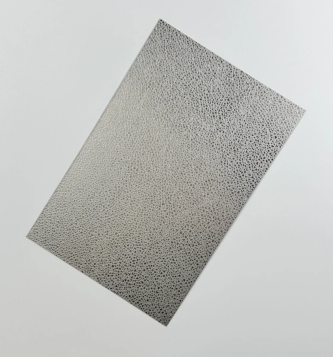 Item A19 — 304 Sand-Finish Fine Leather Texture Stainless Steel Sheet sample.