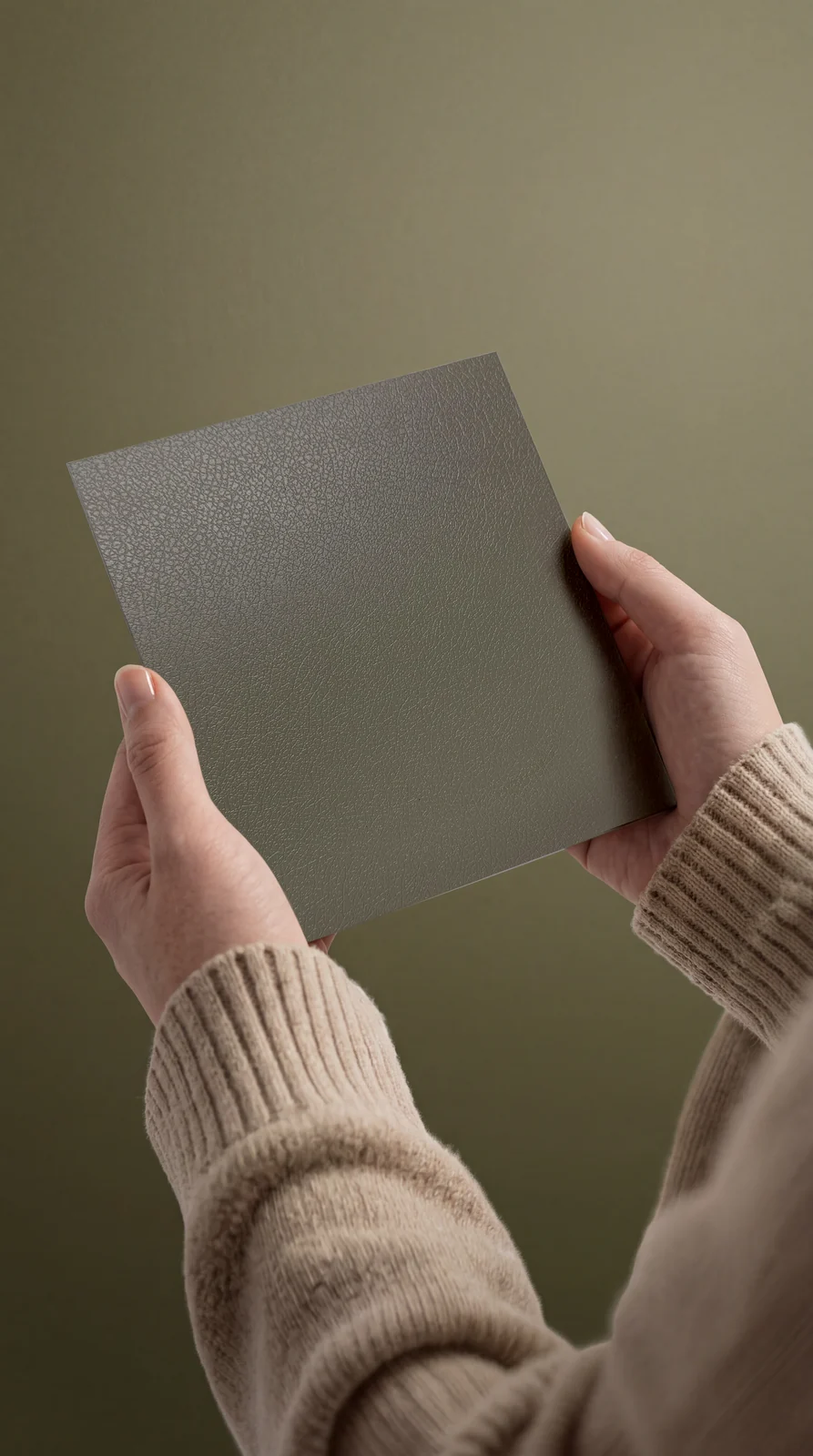 Hand-held fine leather texture decorative stainless steel sample in deep moss green