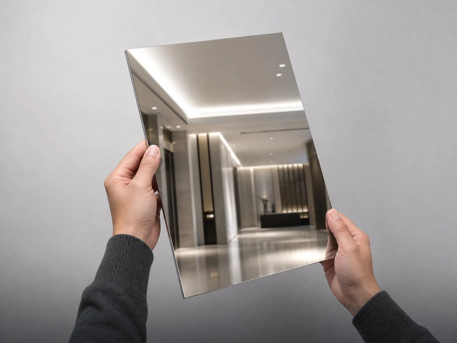 Illustrative 8K mirror-polished stainless steel sheet for architectural applications
