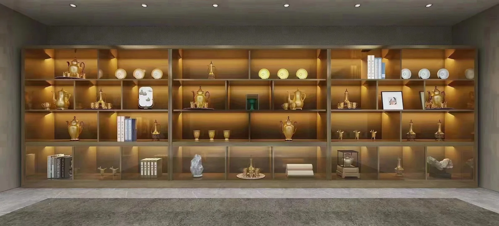 Custom metal-framed wine and display cabinet with integrated lighting in a finished interior