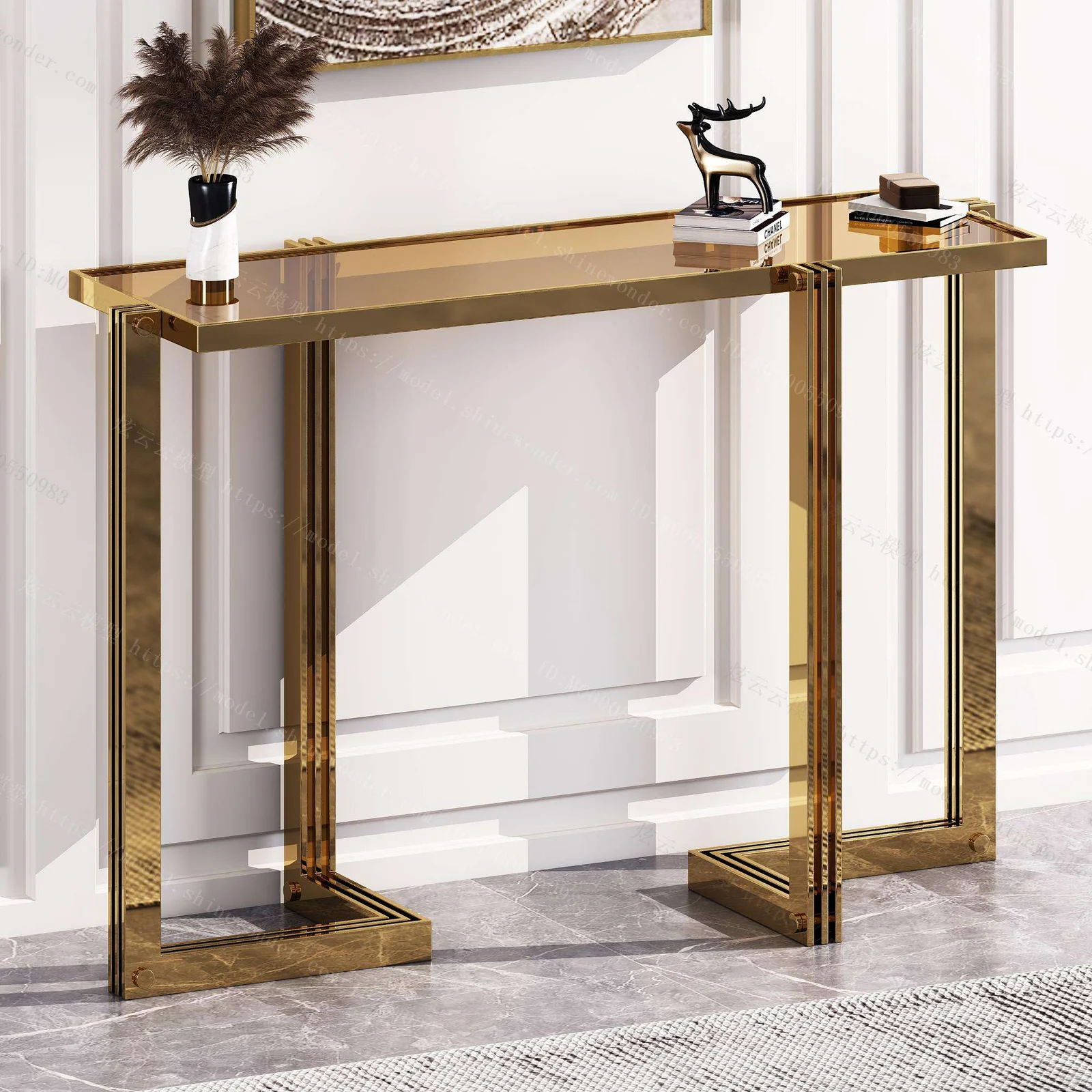 Decorative metal console table for a finished interior