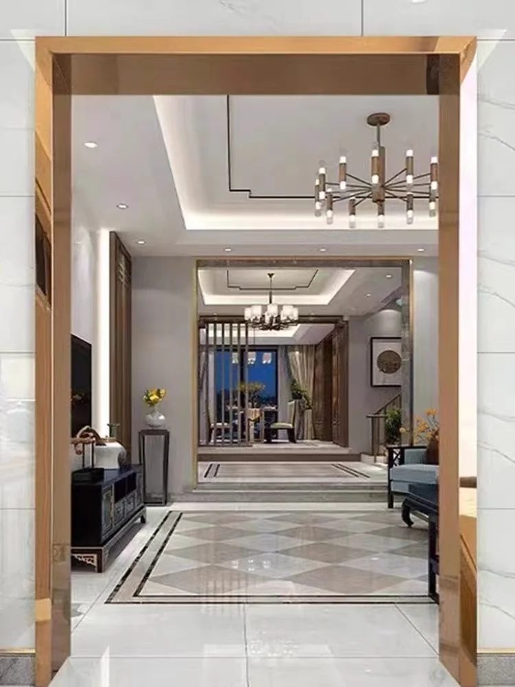Decorative metal elevator surround and trim in a finished interior corridor