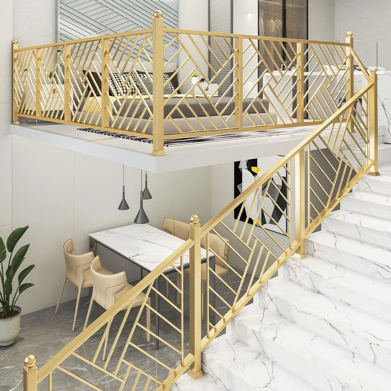 Geometric decorative metal stair railing in a finished interior
